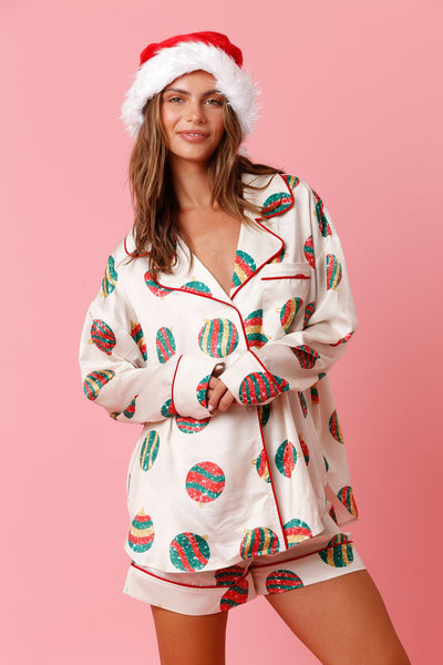 Christmas Ornament Satin PJ Top - Cream