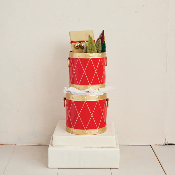 Metal Drum Shaped Bucket with Handles, Red & Gold Finish