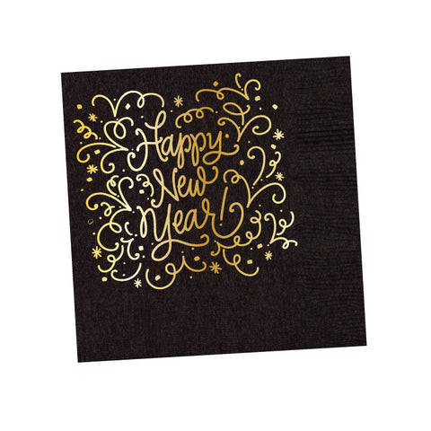 Happy New Year Cocktail Napkins - Black & Gold