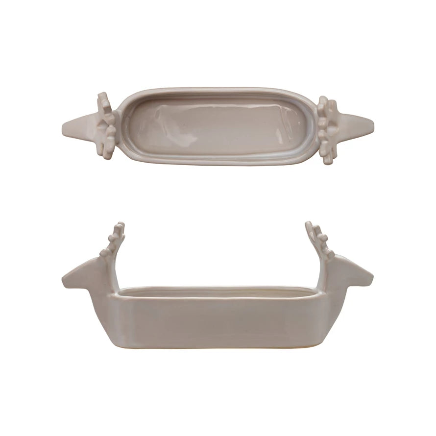 Stoneware Cracker Dish with Deer Heads - White