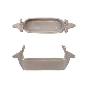 Stoneware Cracker Dish with Deer Heads - White