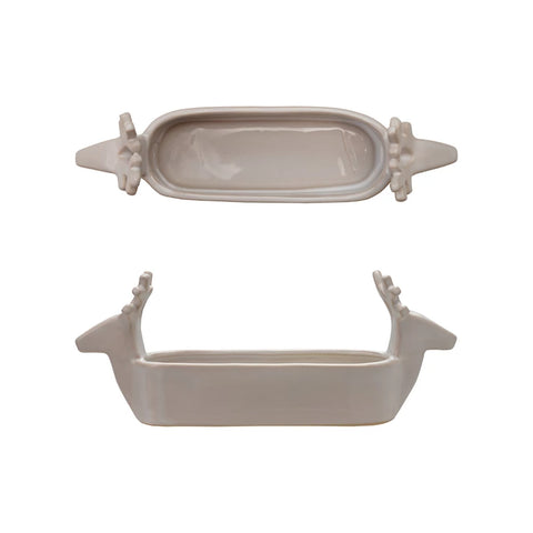 Stoneware Cracker Dish with Deer Heads - White