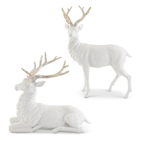 White Glittered Resin Deer w/ Gold Antlers - Set of 2