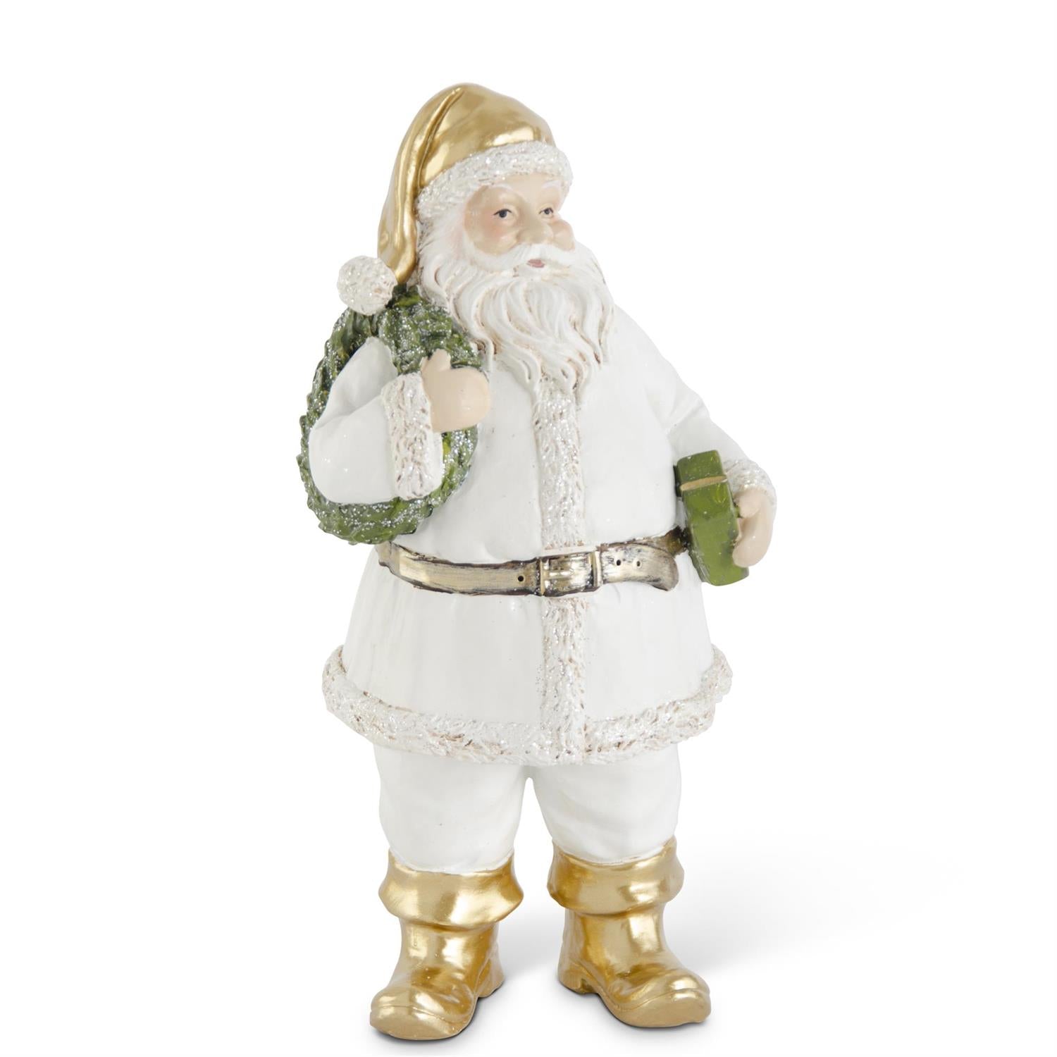 White & Gold Resin Santa w/ Wreath - 9in