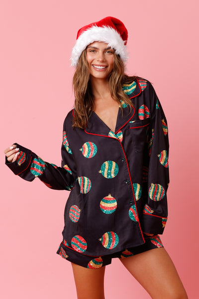 Christmas Ornament Satin PJ Top - Black