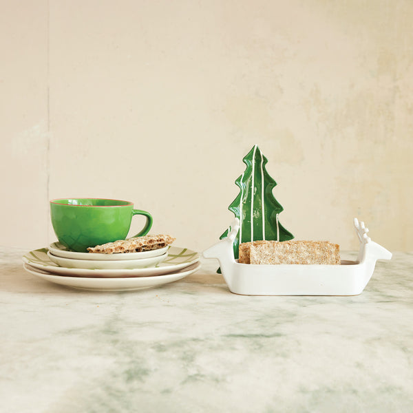 Stoneware Cracker Dish with Deer Heads - White