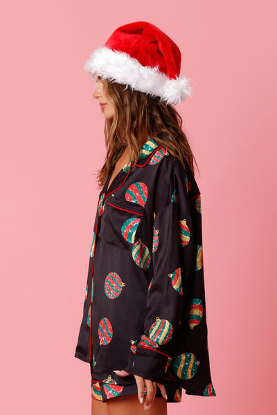 Christmas Ornament Satin PJ Top - Black