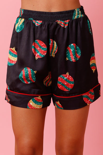 Christmas Ornament Satin PJ Shorts - Black