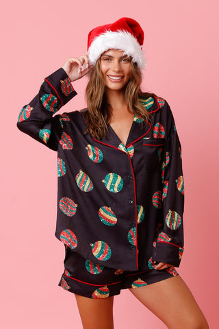 Christmas Ornament Satin PJ Top - Black