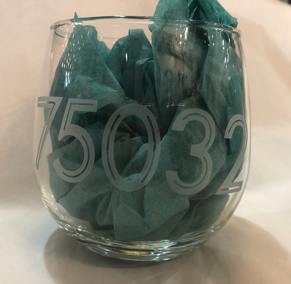 Zipcode Etched Stemless Wine Glass
